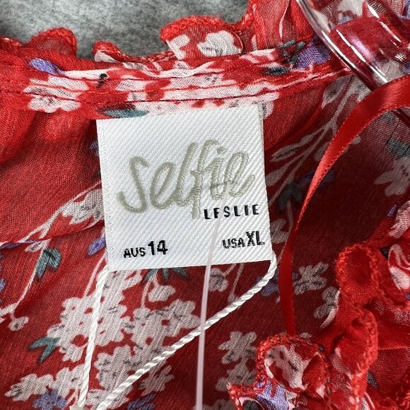 Selfie XL NWT Floral Open Back Ruffle Chiffon Dress Red Long Sleeve Deep V Neck - Picture 14 of 16